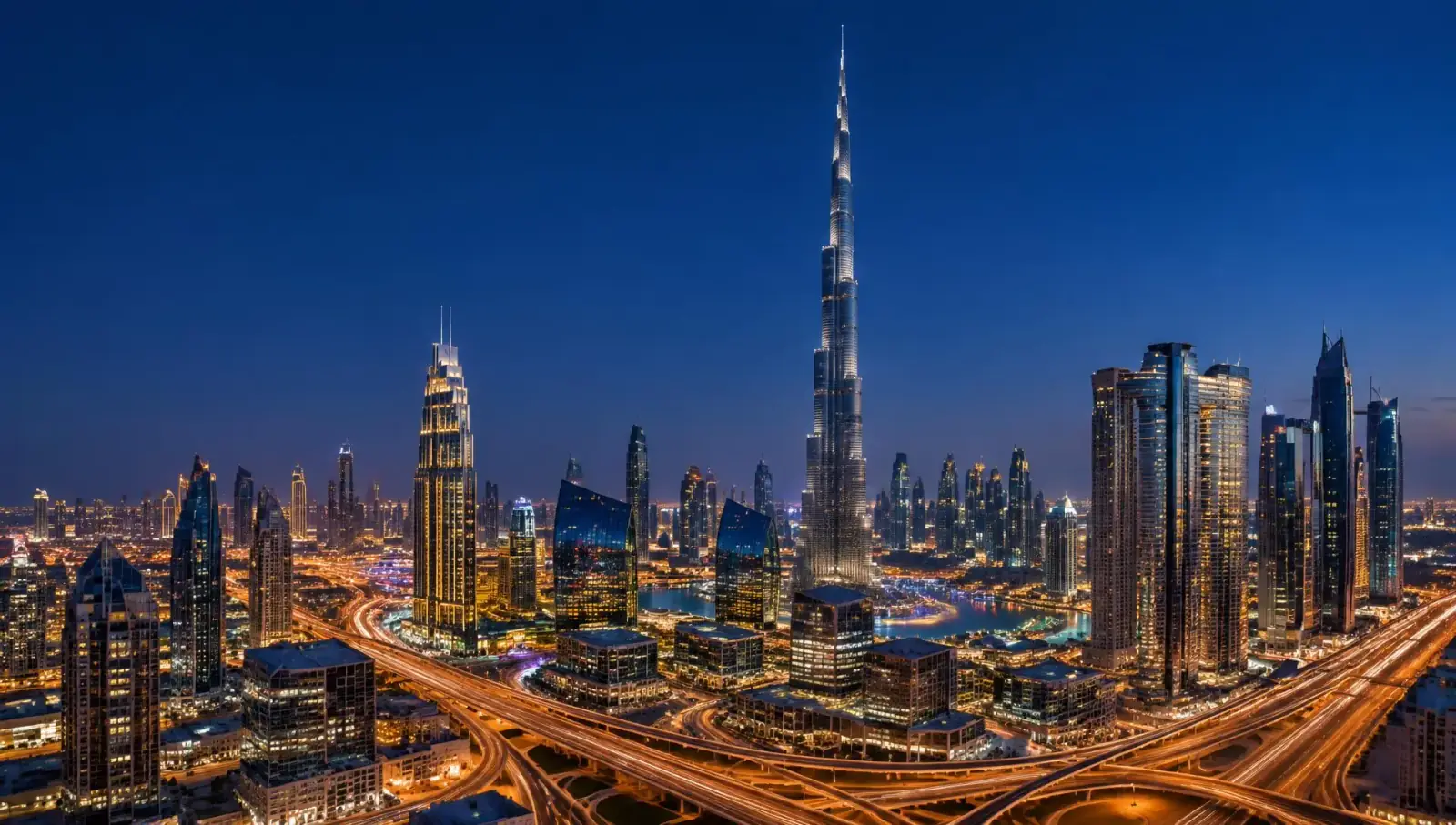 Downtown Dubai skyline with the Burj Khalifa at dusk